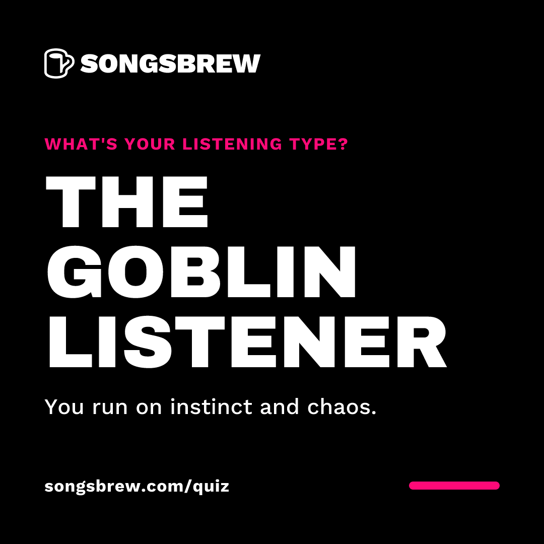 Badge reading What's your listening type? The Goblin Listener. You run on instinct and chaos. songsbrew.com/quiz
